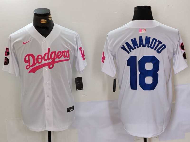 Men's Los Angeles Dodgers #18 Yoshinobu Yamamoto White Pink Vin & Kobe Patch Stitched Baseball Jersey,We sell and wholesale Men's Los Angeles Dodgers #18 Yoshinobu Yamamoto White Pink Vin & Kobe Patch Stitched Baseball Jersey on line form chian!